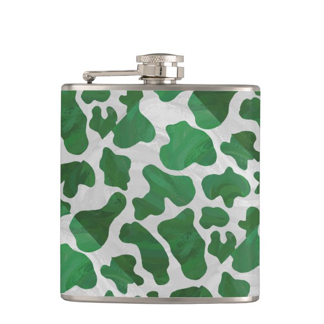 Cow Green and White Print Hip Flask (Front)