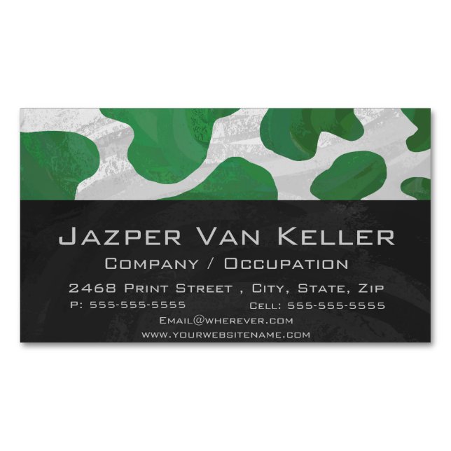Cow Green and White Print Magnetic Business Card (Front)
