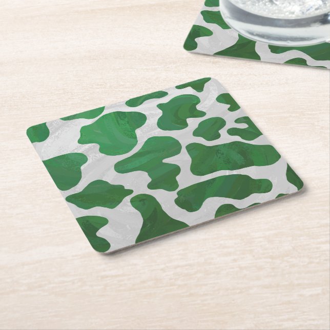 Cow Green and White Print Square Paper Coaster (Angled)