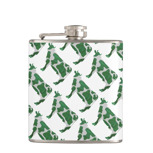 Cow Green and White Silhouette Hip Flask (Front)