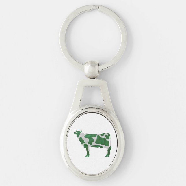 Cow Green and White Silhouette Key Ring (Front)