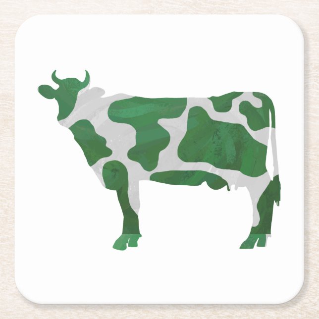 Cow Green and White Silhouette Square Paper Coaster (Front)