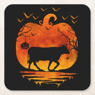 COW HALLOWEEN COSTUME PUMPKIN FALL SEASON SQUARE PAPER COASTER