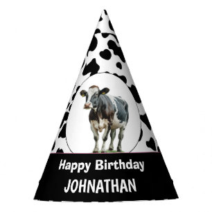 Cow Happy Birthday black and white Party Hat