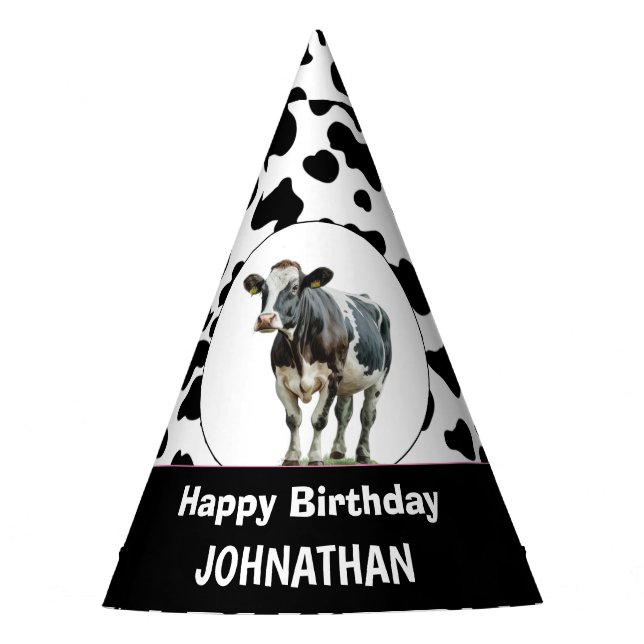 Cow Happy Birthday black and white Party Hat (Front)