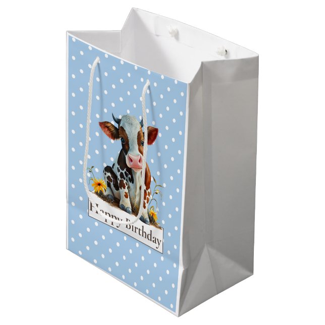 Cow Happy Birthday Cute Blue Medium Gift Bag (Front Angled)