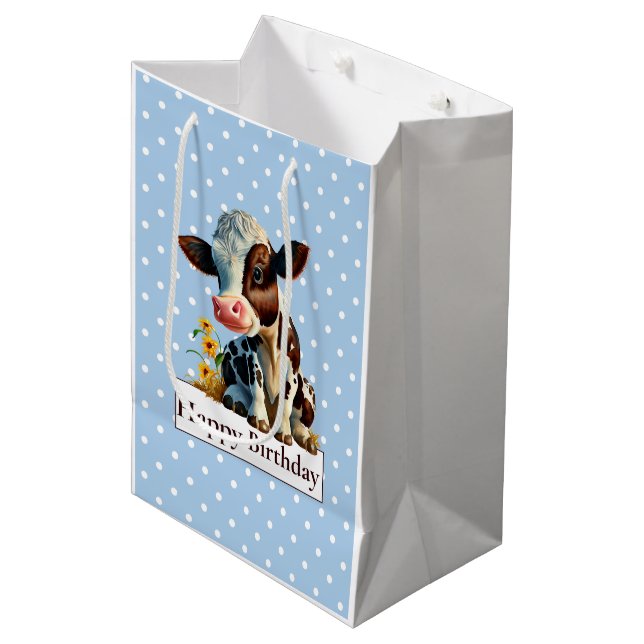 Cow Happy Birthday Daisy Blue Medium Gift Bag (Front Angled)