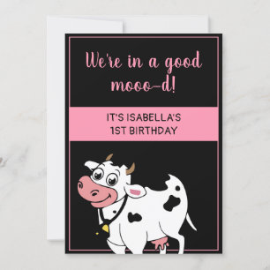 Cow Happy Farm Animal Themed Girl 1st Birthday Inv Invitation