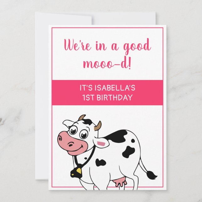 Cow Happy Farm Animal Themed Girl 1st Birthday Invitation (Front)