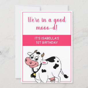 Cow Happy Farm Animal Themed Girl 1st Birthday Invitation