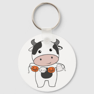 Cow Happy Halloween Pumpkin Bat Costume Keychain