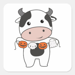 Cow Happy Halloween Pumpkin Bat Costume Square Sti Square Sticker