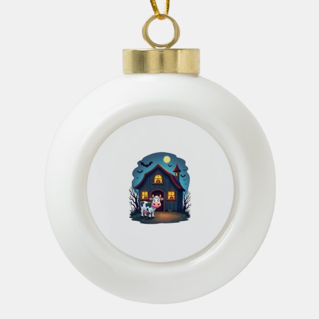 Cow & Haunted Barn Ceramic Ball Christmas Ornament (Front)