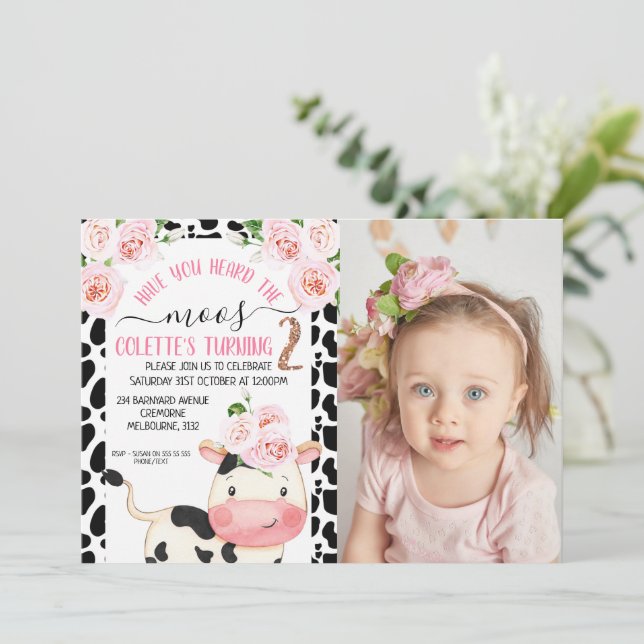 Cow Have You Heard The Moos Photo 2nd Birthday Invitation (Standing Front)