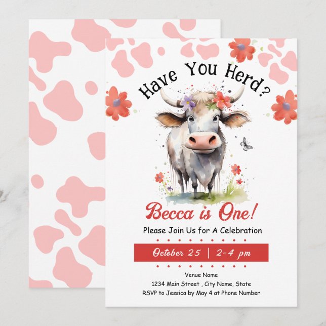 Cow Have You Herd 1st Birthday Girl Invitation (Front/Back)