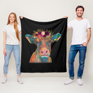 Cow Head Face Colourful Watercolor   Cow Gifts  Fleece Blanket