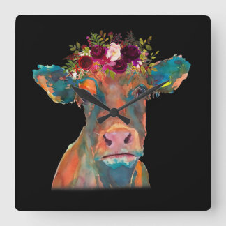Cow Head Face Colourful Watercolor | Cow Gifts  Square Wall Clock