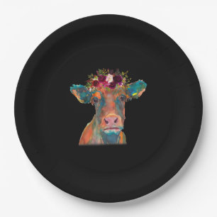 Cow Head Face Print Colourful Watercolor Floral Paper Plate