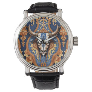 Cow Head Western Tooled Leather Damask Watch