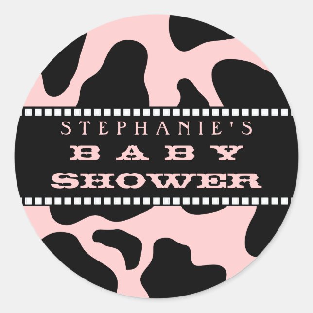 Cow Hide Print Pink Cowgirl Baby Shower Sticker (Front)
