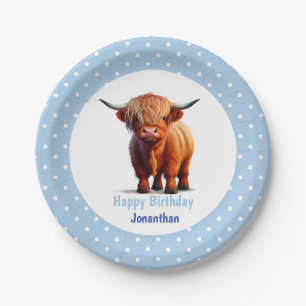 Cow Highland Blue Birthday Paper Plate
