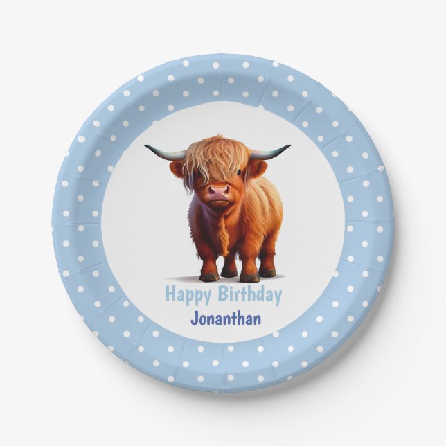 Cow Highland Blue Birthday Paper Plate (Front)
