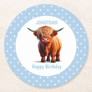 Cow highland Blue Round Paper Coaster