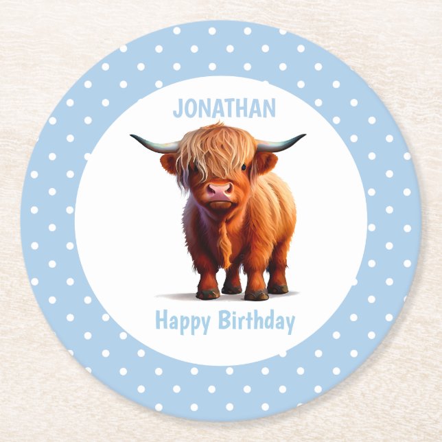 Cow highland Blue Round Paper Coaster (Front)