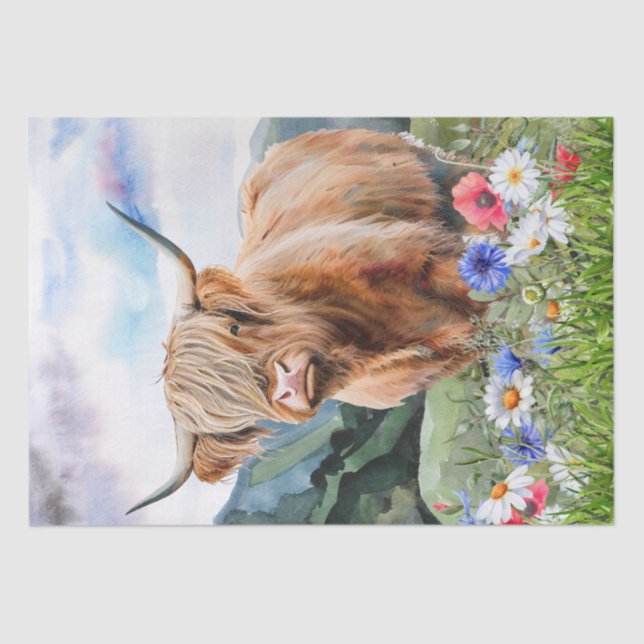Cow Highland Farm Meadow Watercolor Tissue Paper (Front)
