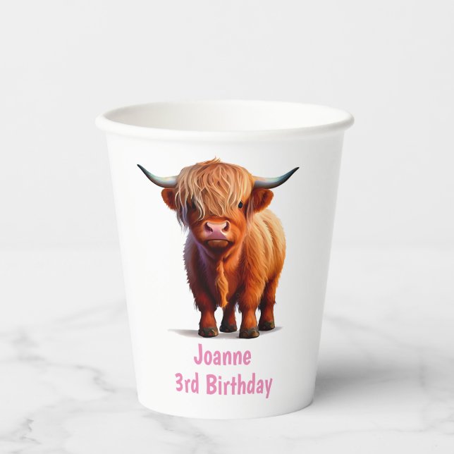 Cow Highland HAPPY BIRTHDAY PINK Paper Cups (Front)
