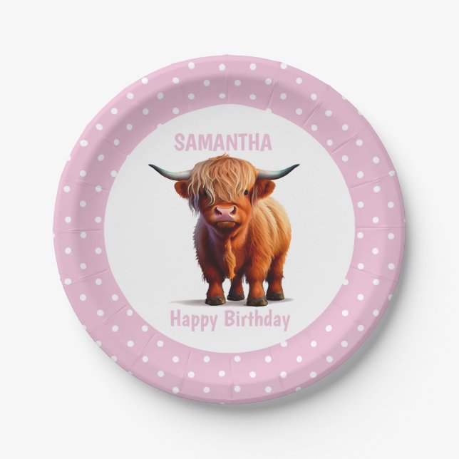 Cow Highland Pink Balloons  Poke Dots Paper Plate (Front)