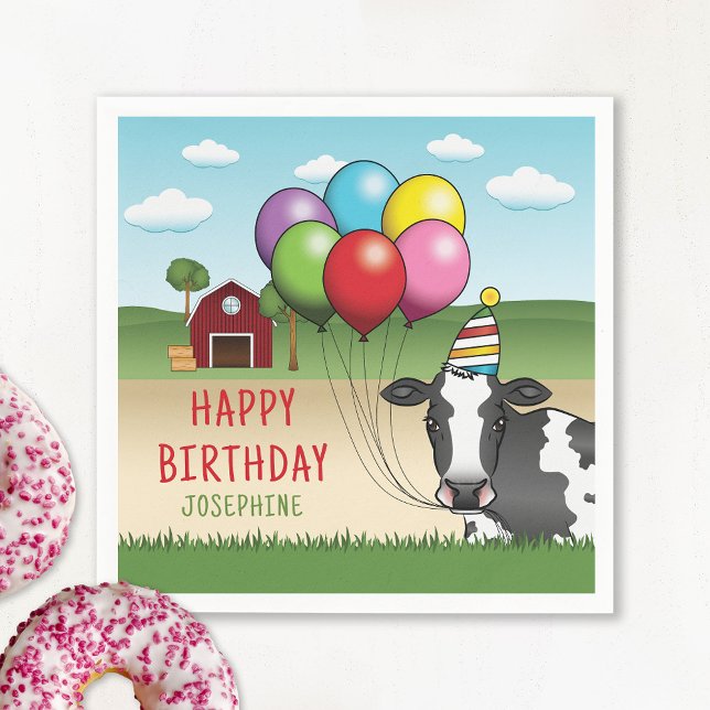 Cow Holding Colourful Balloons Kid's Birthday Napkin (Creator Uploaded)