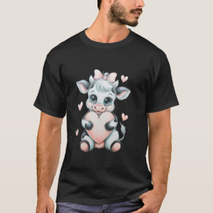 Cow Holding Heart Black & White Pink Coquette Bow T-Shirt