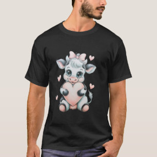 Cow Holding Heart Black & White Pink Coquette Bow T-Shirt