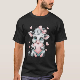Cow Holding Heart Black & White Pink Coquette Bow T-Shirt