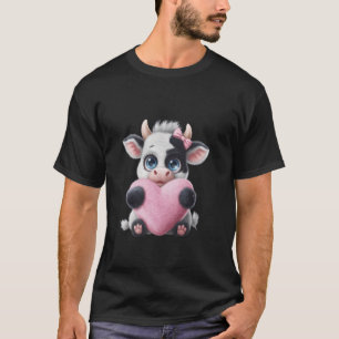 Cow Holding Heart Black & White Pink Coquette Bow T-Shirt