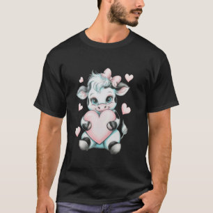 Cow Holding Heart Black & White Pink Coquette Bow T-Shirt