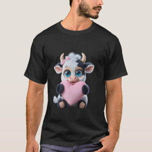 Cow Holding Heart Pink Coquette Bow Black & White T-Shirt