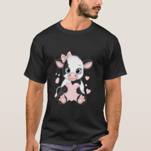 Cow Holding Heart Pink Coquette Bow Black & White T-Shirt