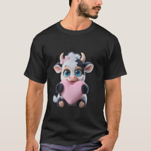 Cow Holding Heart Pink Coquette Bow Black & White T-Shirt