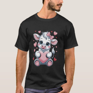 Cow Holding Heart Pink Coquette Bow Black & White T-Shirt