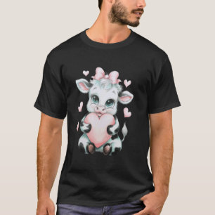 Cow Holding Heart Pink Coquette Bow Black & White T-Shirt
