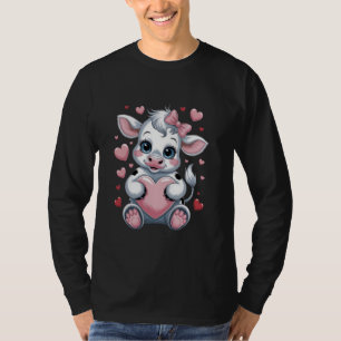 Cow Holding Heart Pink Coquette Bow Black & White T-Shirt