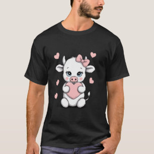 Cow Holding Heart Pink Coquette Bow Black & White T-Shirt