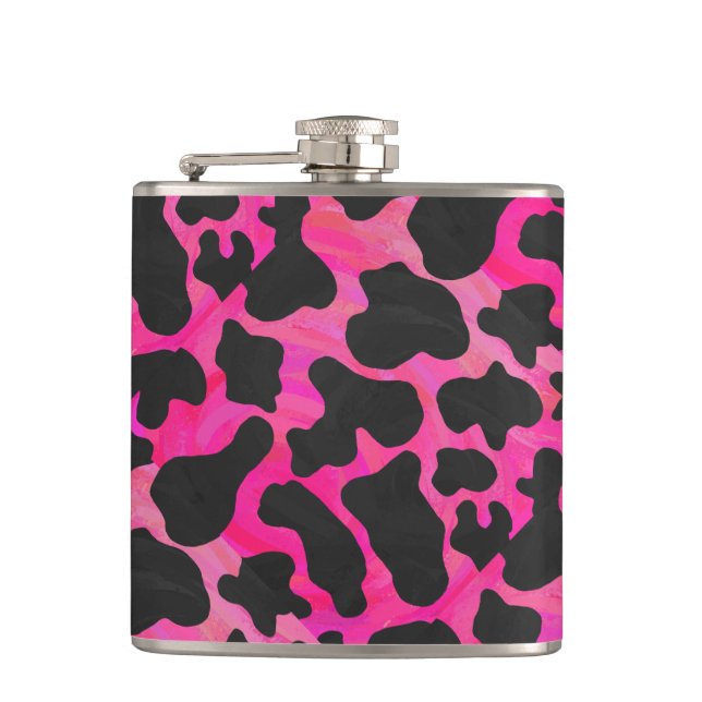 Cow Hot Pink and Black Print Hip Flask (Front)