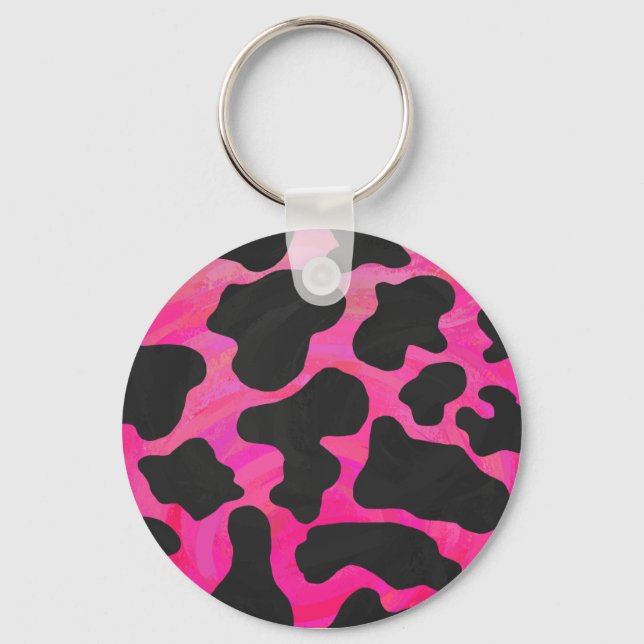 Cow Hot Pink and Black Print Key Ring (Front)