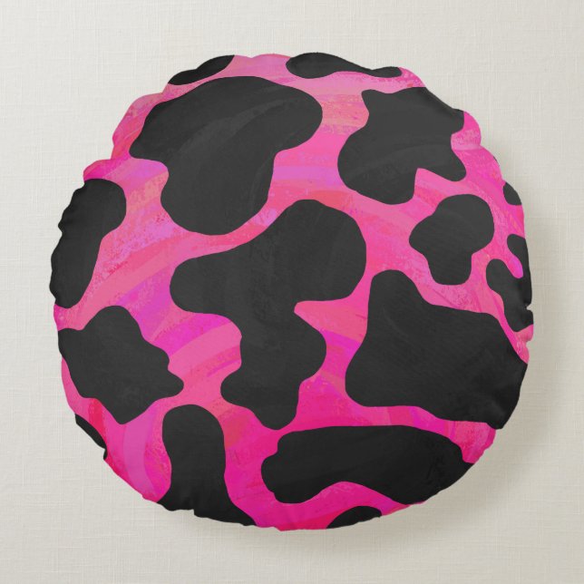 Cow Hot Pink and Black Print Round Cushion (Front)