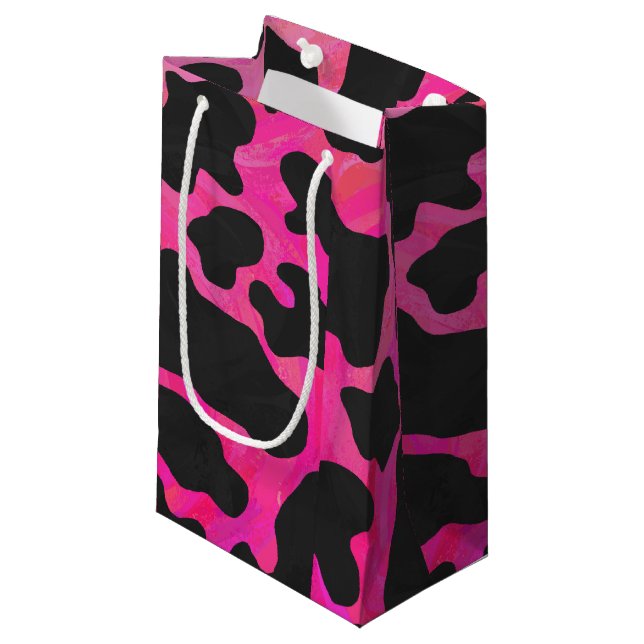Cow Hot Pink and Black Print Small Gift Bag (Front Angled)