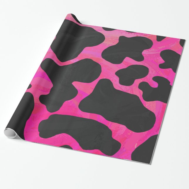 Cow Hot Pink and Black Print Wrapping Paper (Unrolled)