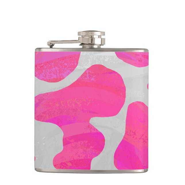 Cow Hot Pink and White Print Hip Flask (Front)